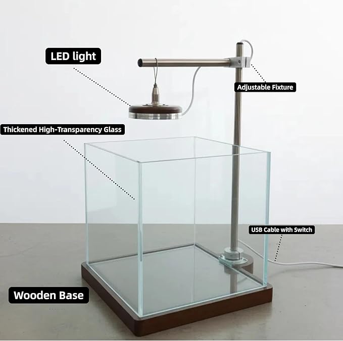 1.8 Gallon Fish Tank with LED Light & Wood Stand - 8 Inch Nano Aquarium Betta Tank Starter Kit - Includes Cleaning Tool, Cloth & Mat for Desktop, Office, Bedroom