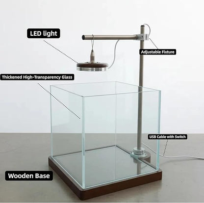 1.8 Gallon Fish Tank with LED Light & Wood Stand - 8 Inch Nano Aquarium Betta Tank Starter Kit - Includes Cleaning Tool, Cloth & Mat for Desktop, Office, Bedroom