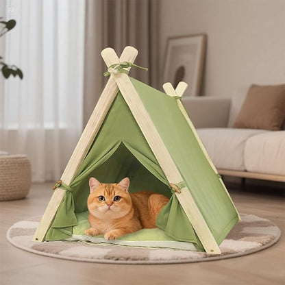 Dog Teepee Tent Bed Indoor,Pet Teepee House for Small Dogs & Cats,Thick Washable Cushion,Portable Dog Tent Bed, Puppy Play House,Grass Green