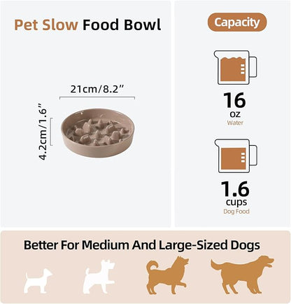 Ceramic 1.6 Cup Dog Bowl Slow Feeder, 8.2 inch Slow Pet Food Dish for Medium and Large Dog, Stop Bloat, Preventing Choking(Single Bowl, Brown Coffee)