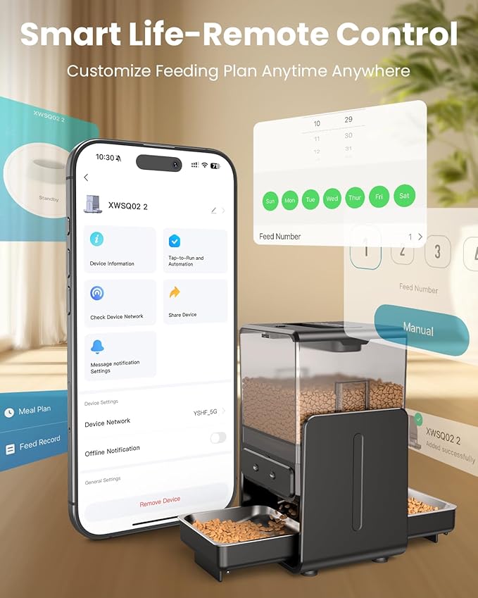 CityFlee Automatic Cat Feeder with 5G WiFi for 2 Cats, Adjustable Height for Small Pets, Dual Bowls, 20 Cups/5L Dry Food Auto Pet Dispenser, Voice Record, Timed Cat Feeder with APP Control