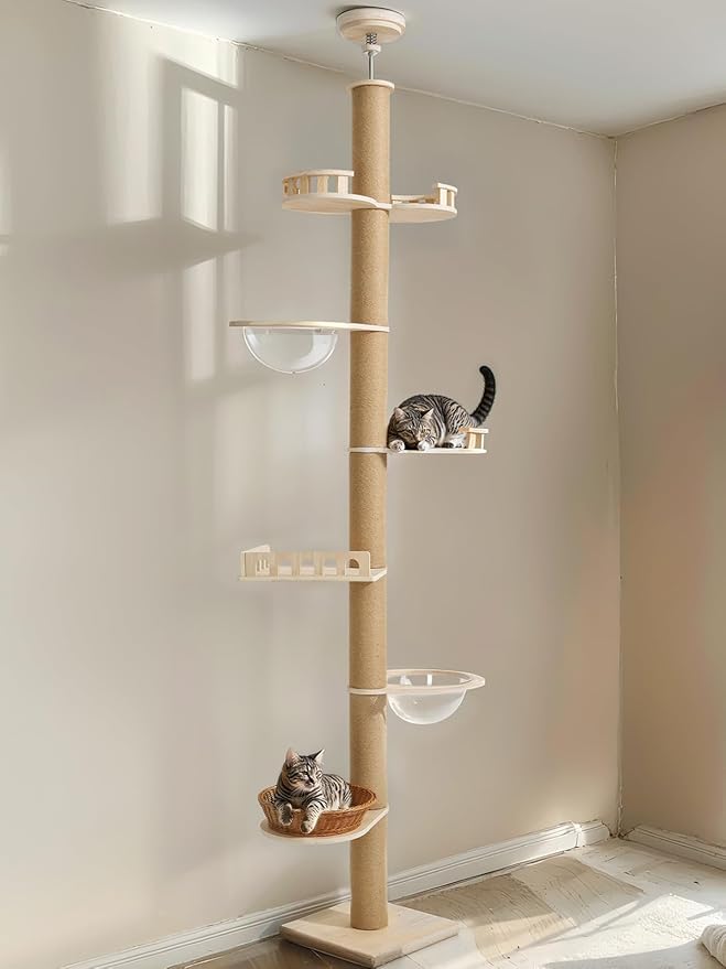 Veehoo Floor to Ceiling Cat Tree Height(106-123 Inch) Adjustable, Sturdy Tall Cat Tree with 4.3" Thickened Scratching Posts, Floor to Ceiling Cat Tower for Indoor Cats