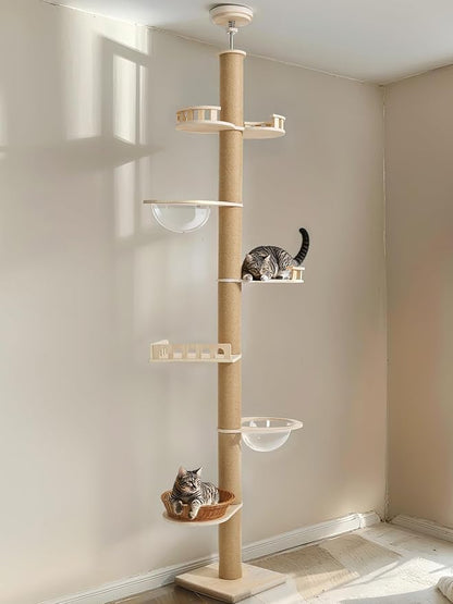 Veehoo Floor to Ceiling Cat Tree Height(106-123 Inch) Adjustable, Sturdy Tall Cat Tree with 4.3" Thickened Scratching Posts, Floor to Ceiling Cat Tower for Indoor Cats