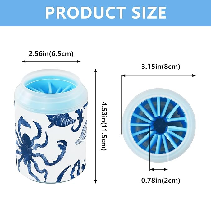 Dog Paw Cleaner Cups for Dogs Pets Foot Washer Paw Scrubber for Medium Small Dogs Cats Cleaning Cup Octopuses Crabs and Seashells Blue