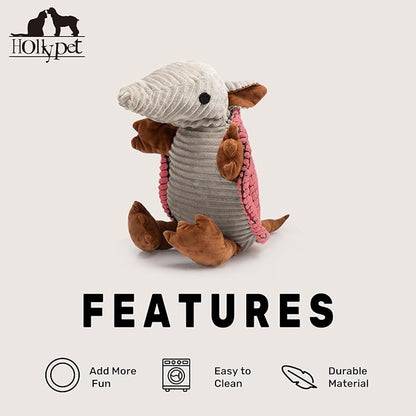 Hollypet Plush Dog Squeaky Toy Stuffed Armadillo Animal Pet Puppy Chew Toys with Clean Teeth for Small Medium Large All Breed Sizes Dogs, Bright Pink, 14 in