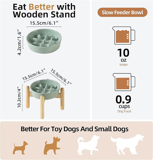 Ceramic 0.9 Cup Dog Raised Slow Feeder Set, Elevated Bowl with Wooden Stand for Small Dog, 6.1inch Pet Slow Feeder Dish for Fast Easters, Preventing Choking (Light Green, Single Bowl+ Stand)