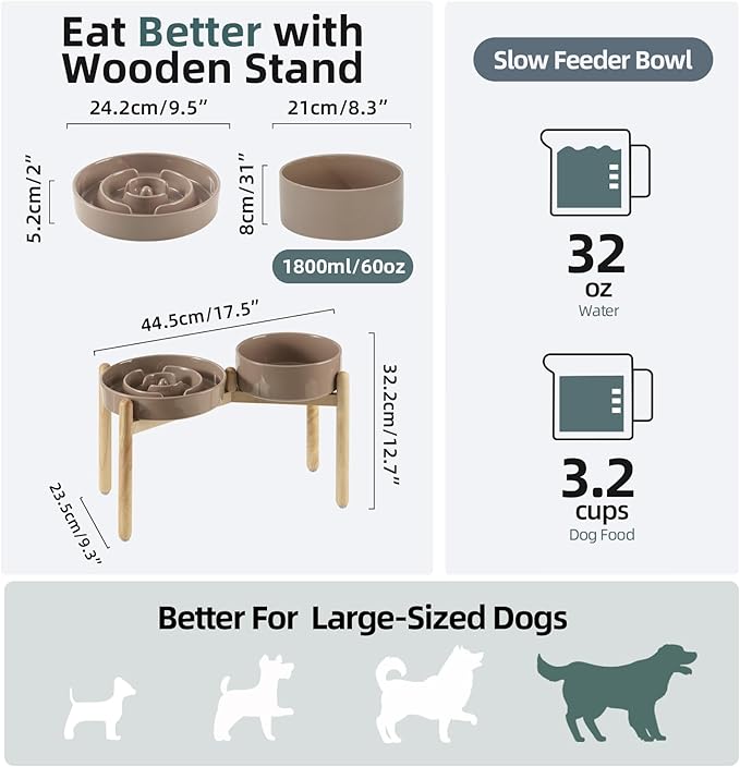 3.2 Cup Ceramic Raised Slow Feeder Dog Bowl Set, Elevated 8.2inch Bowl and 9.5inch Puzzle Slow Food Dish with Wooden Stand for Large Dog, Anti-Gulping (2 x Brown Coffee+ Stand)