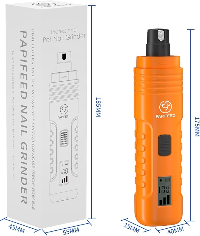 PAPIFEED Dog Nail Grinder Professional Pets, 3-Speed Electric Quiet Dog Nail Grinder, Rechargeable Dog Nail Trimmers - with 2 LED Lights/2 Grinder Wheels, for Small, Medium, Large Dogs (Orange)