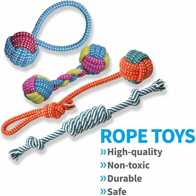Dog Toys 7 Pack for Fun and Teeth Cleaning, Puppy Chew Toys Pack with Cute Donkey Squeaky Toys, Durable Ropes Chew