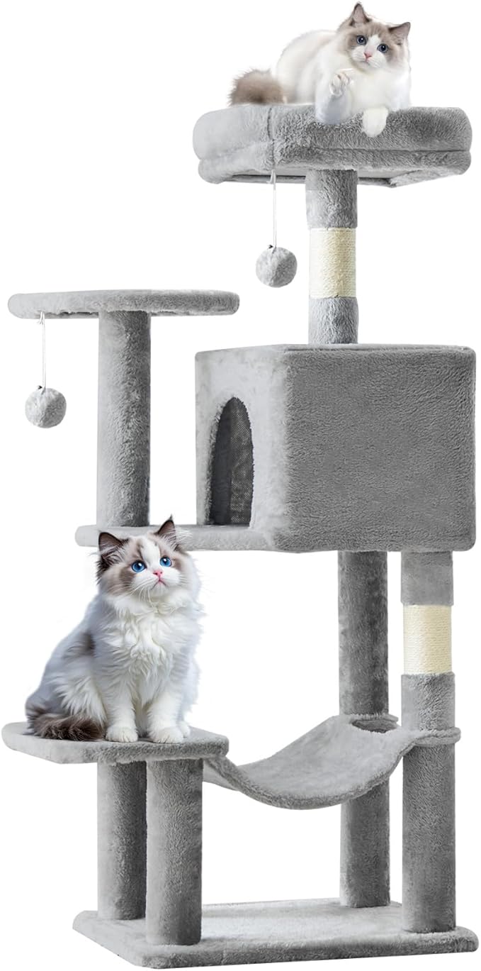 Sweetcrispy 44 inch Cat Tree Tower, Small Cat Climbing Tower with Condo, Natural Sisal Scratching Posts, Extended Platform, Hammock, Pet House for Indoor Cats and Kittens Play, Light Grey