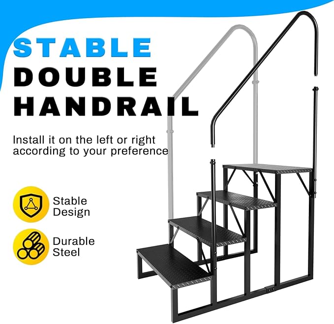 RV Step Stool, 4 Step Ladder, Hot Tub Steps with Handrail, Portable Pool Ladder, 660Lbs Heavy Duty Ladder Shelf Outdoor Mobile Home Stairs for Camper/Porch/SPA Pool/Pet Stairs(2 handrails)