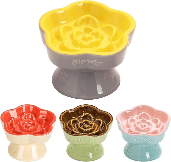 S&Q's CERAMICS Raised Slow Feeder Cat Bowl, Ceramic Elevated Food Bowl Small Dogs Slow Feeder, Flower Shaped Cute Pet Dish for Dry and Wet Food (Yellow, 5.8")