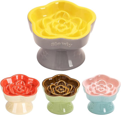 S&Q's CERAMICS Raised Slow Feeder Cat Bowl, Ceramic Elevated Food Bowl Small Dogs Slow Feeder, Flower Shaped Cute Pet Dish for Dry and Wet Food (Yellow, 5.8")