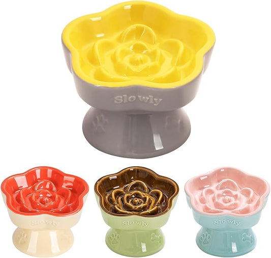 S&Q's CERAMICS Raised Slow Feeder Cat Bowl, Ceramic Elevated Food Bowl Small Dogs Slow Feeder, Flower Shaped Cute Pet Dish for Dry and Wet Food (Yellow, 5.8")