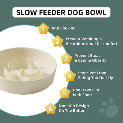 Ceramic 0.9 Cup Dog Bowl Slow Feeder for Small Dog, 6.1inch Pet Slow Feeder, Stop Bloat, Preventing Choking(Single Bowl-Beige)