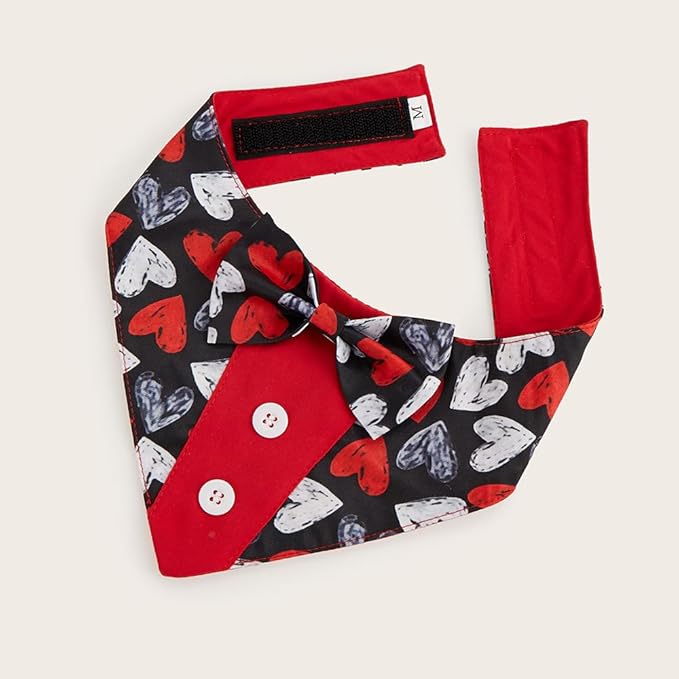 Valentine Dog Tuxedo Bandana with Bow Tie, Adjustable Tuxedo Style Heart Pattern Pet Costume for Dogs, XS to XL