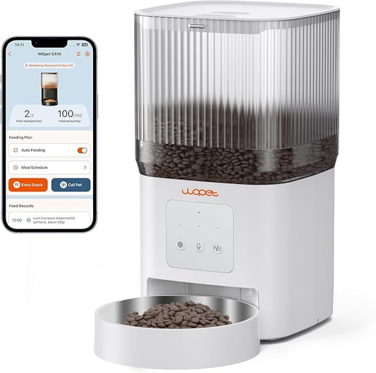 WOPET Automatic Cat Feeder, 5G WiFi Automatic Dog Feeder with APP Control for Remote Feeding, Cat Food Dispenser with Low Food Sensor and Voice Recorder,Up to 10 Meals Per Day for Cats and Dogs