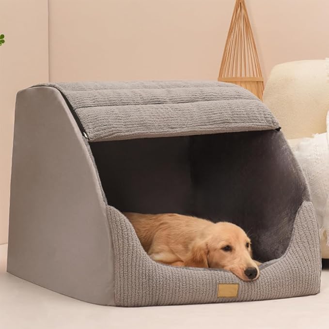 Large Dog House Indoor, Soft Plush Dogs Cave Bed Covered Pet Bed with Fluffy Washable Cushion, Portable Dog/Cat Pet Tent House for Small Medium Dogs (Grey, X-Large)