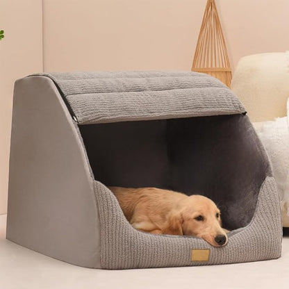 Large Dog House Indoor, Soft Plush Dogs Cave Bed Covered Pet Bed with Fluffy Washable Cushion, Portable Dog/Cat Pet Tent House for Small Medium Dogs (Grey, X-Large)