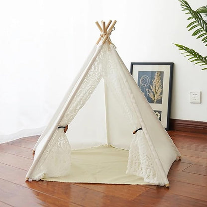 Dog Cat Teepee Tent Bed,Portable Pet Teepee for Small Animals Removable & Washable,Indoor Dog House with Cozy Cushion,Cat Teepee for Indoor Cats,Bunny Tent Outdoor (White Lace, L)