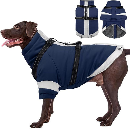 XX-Large Dog Winter Coat with Harness 2 in 1-for Walk The Dogs | Thick and Warm Lining for Cold Winter,Turtleneck Windproof Snowsuit with Sleeves,Night Reflective Harness(Navy-Blue)