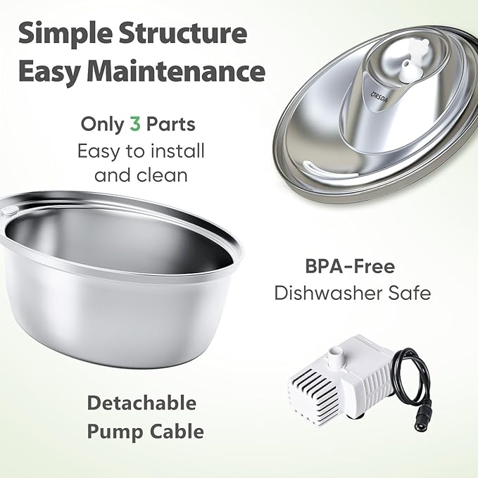 ORSDA Cat Water Fountain Stainless Steel, 3L Automatic Pet Drinking Fountain for Cats Inside, Dog Water Dispenser with Adjustable Water Flow and 6 Replacement Filters for Cats, Dogs