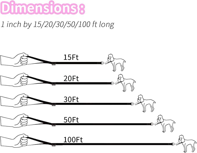 HIKISS Long Dog Leash Obedience Recall Training Agility Lead with Thickening Material for Large Dog - 15ft 20ft 30ft 50ft 100ft Training Leash(Pink 20ft)