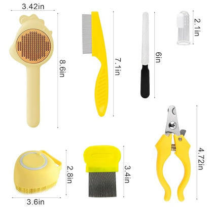 VCZONE 8 Pcs Cat Brush Grooming Kits, Pet Self Cleaning Kit with Pet Nail Clipper and File, Flea Comb, Pet Shampoo Bath Brush, Pet Shedding Brush, Silicone Toothbrush (Yellow)