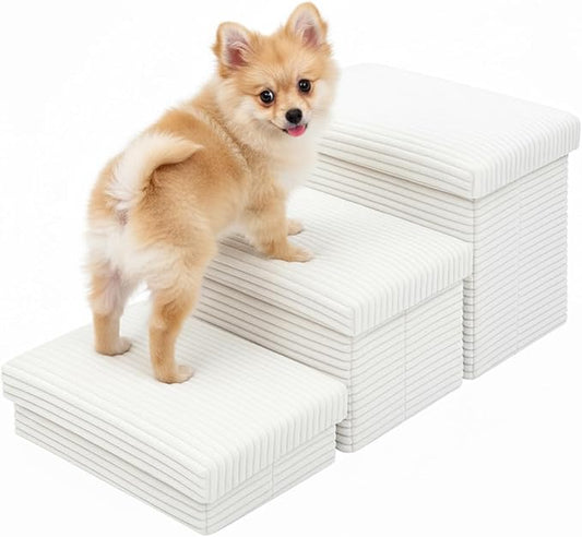 Dog Stairs for Small Dogs with Storage 18" h, 3-Tier Non-Slip Pet Stairs for Dogs Cats, Foldable White Dog Steps Ramp, Corduroy Fabric Pet Ramp for High Beds Couches