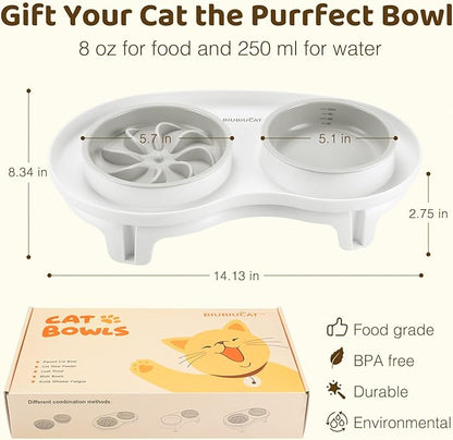 Elevated Cat Slow Feeder Bowl: Anti-Vomiting Bloat Stop Raised Food & Water Bowl for Kitten Healthy Eating - No-Spill/Non-Slip Shallow Puzzle Bowl for Puppy Small Dogs