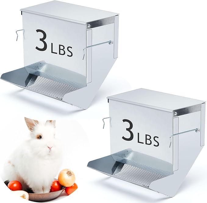 Maxcheck 2 Pcs Rabbit Feeder for Cages Small Animal Food Dispenser with Lid Metal Chicken Grit Oyster Shell Feeders Outside (7.7 Inches,Mesh Bottom,Silver)