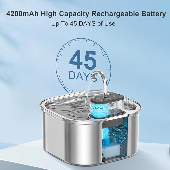 Cat Water Fountain Wireless，Stainless Steel-Rechargeable- Battery Operated Cat Water Fountain, 108oz/ 3.2l Automatic Cordless Pet Fountain ，Dog Fountain with 4200 Mah Battery