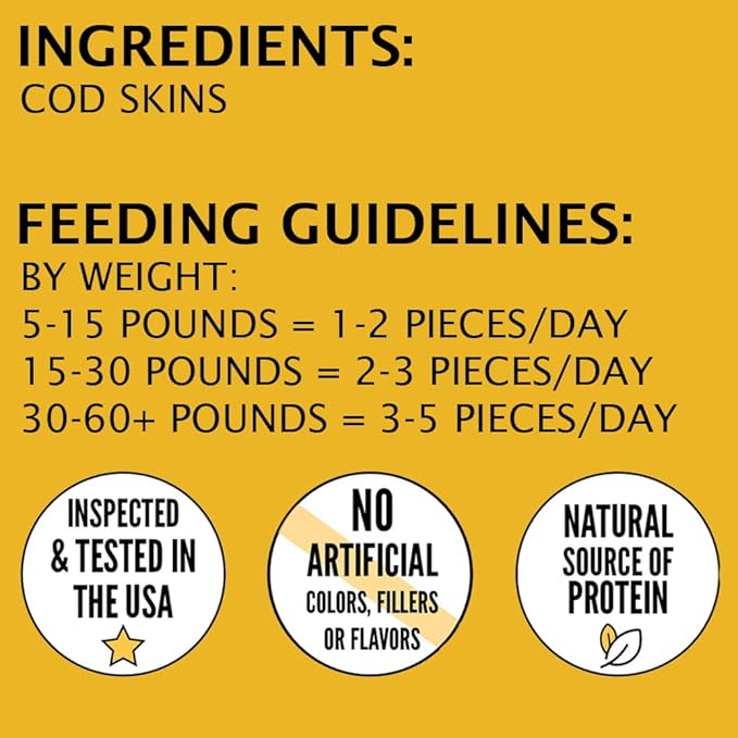 Hubert Pet Premium Cod Skin Crisps - Single Ingredient Gourmet Dog Treats, 8 oz Resealable Trial Size Bag