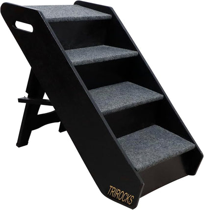 TRIROCKS Wood Pet Stairs Non-Slip Pet Steps - Foldable 4 Levels Dog Stairs & Ramp Perfect for Beds and Cars - Portable Dog/Cat Ladder Up to 130 Pounds