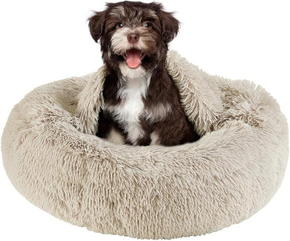 Friends Forever Luna Donut Cat Bed Cave, Soft Faux Fur Hooded Blanket Dog Couch For Indoor Pet, Fluffy Calming Plush Shag, Cozy Round Cushion, Machine Washable Cuddler, Self Warming, Tan, Small (23"x23"x6")