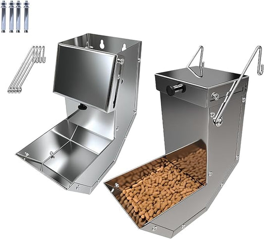 Small Animal Feeder for Rabbits - Stainless Steel Gravity Feeding with Sliding Lid, Anti-Corrosion, Durable for Outdoor & Indoor Cage Use, Holds Several Days' Food (2 Pcs)