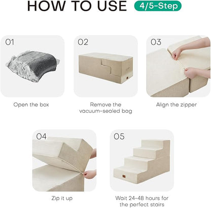 Dog Stairs for High Bed, Dog Steps for Bed Couch Sofa, 35D Foam Extra Wide Pet Steps for Small Dogs and Cats, Pet Stairs with Non-Slip Bottom Beige, 4 Steps