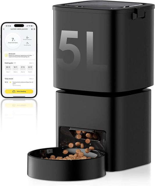DUDUPET Automatic Cat Feeder 5G WiFi, Automatic Pet Feeder with APP Remote Control, 5L Cat Dry Food Dispenser Dual Power,10 Meals Programmable 1-15 Portion Control Auto Dog Feeders for Cats,Puppy