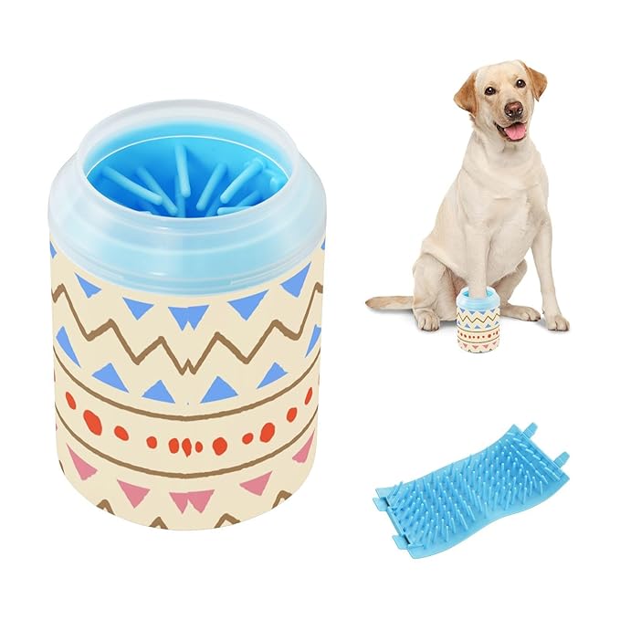 Dog Paw Cleaner Cups for Dogs Pet Foot Washer Paw Scrubber for Medium Small Dogs Cats Cleaning Cup Ethnic Tribal Geometric Beige