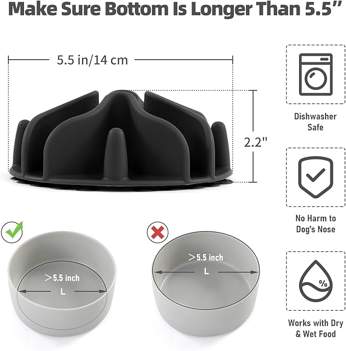 Jaoul Slow Feeder Dog Bowls Insert, Puzzle Slow Feeder Insert with 51 Octopus Suction Cups for Medium Large Size Dog Food Bowl Over 6.5" Wide (Black)