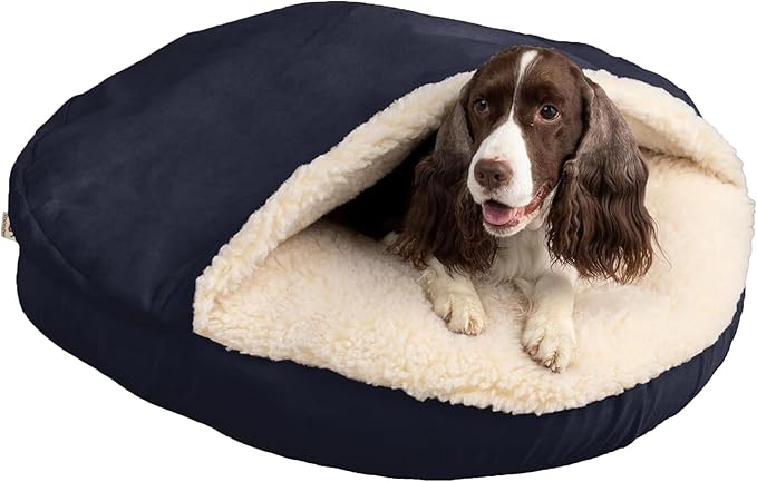 Snoozer Cozy Cave Dog Bed - Indoor Dog Bed with Cover Cave, Covered Calming Burrow for Small & Medium Sized Pets with Blanket Attached, Enclosed, Removable Washable Cover - Large, Navy