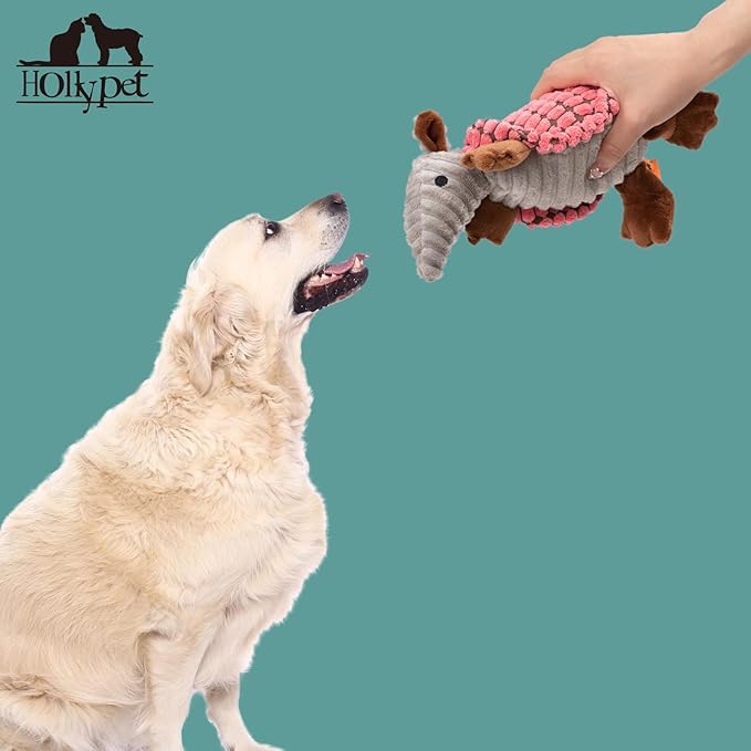Hollypet Plush Dog Squeaky Toy Stuffed Armadillo Animal Pet Puppy Chew Toys with Clean Teeth for Small Medium Large All Breed Sizes Dogs, Bright Pink,8 in