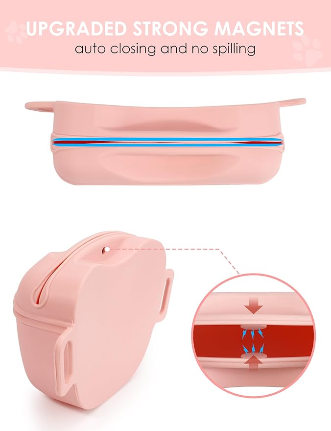 Dog Treat Pouch with Training Clicker, Upgrade Stronger Magnetic Closure to Avoid Spilling, 1.67 Cup Silicone Treat Bag Fanny Pack with Waist Belt for Pet Training Walking (Pink)