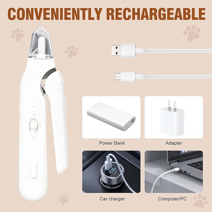 2-in-1 Dog Nail Grinder & Dog Nail Clippers- Gentle Drill Trimmer with Led Light for Large Medium Small Dogs Cats Pets Claw(White)