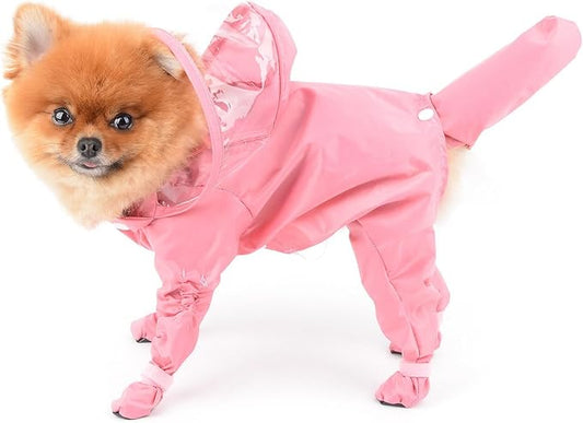 SMALLLEE_LUCKY_STORE Cute Raincoat for Small Dogs with Hood and Boots Detachable Tail Puppy Botton Down Rain Jacket Full Boby 4 Leg Jumpsuit Waterproof Lightweight Clothes,Pink,S