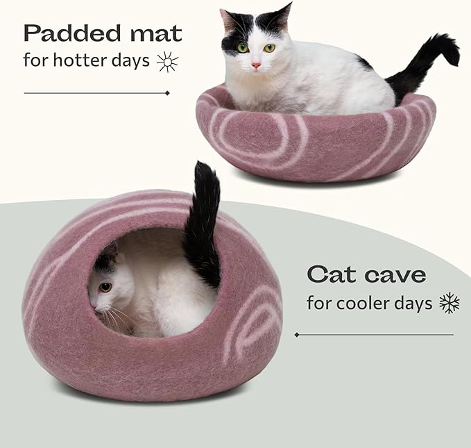 MEOWFIA Cat Cave – Premium Felt Cat Bed for Indoor Cats, Handmade 100% Merino Wool, Cat (Gold Rose, Large)