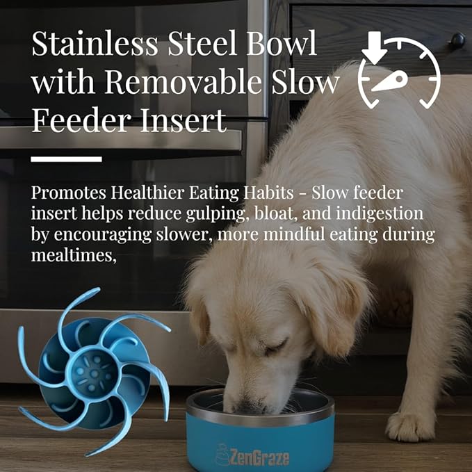 Heavy Duty Stainless Steel Dog Bowl with Premium Accessories – Slow Feeder Insert & Multi-Use Lick Mat Lid | Non-Slip, Durable | Reduce Gulping & Add Enrichment | 64 oz | Medium to XL Dogs (Eli Blue)