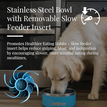 Heavy Duty Stainless Steel Dog Bowl with Premium Accessories – Slow Feeder Insert & Multi-Use Lick Mat Lid | Non-Slip, Durable | Reduce Gulping & Add Enrichment | 64 oz | Medium to XL Dogs (Eli Blue)