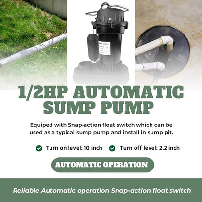 1/2 HP Submersible Sump Pump with Vertical Float Switch, Portable Utility Pump With 10ft Power Cord, Sub Water Pump for Draining Flooded Basement, Hot Tub, Pool, Pond, Sump Pits