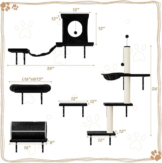 NUNU LAB 14-in-1 Cat Wall Shelves Set, Wall-Mounted Cat Climber with Bridge, Tunnel, House, Scratcher, Steps, Indoor Space-Saving Furniture for Kittens Play, Black